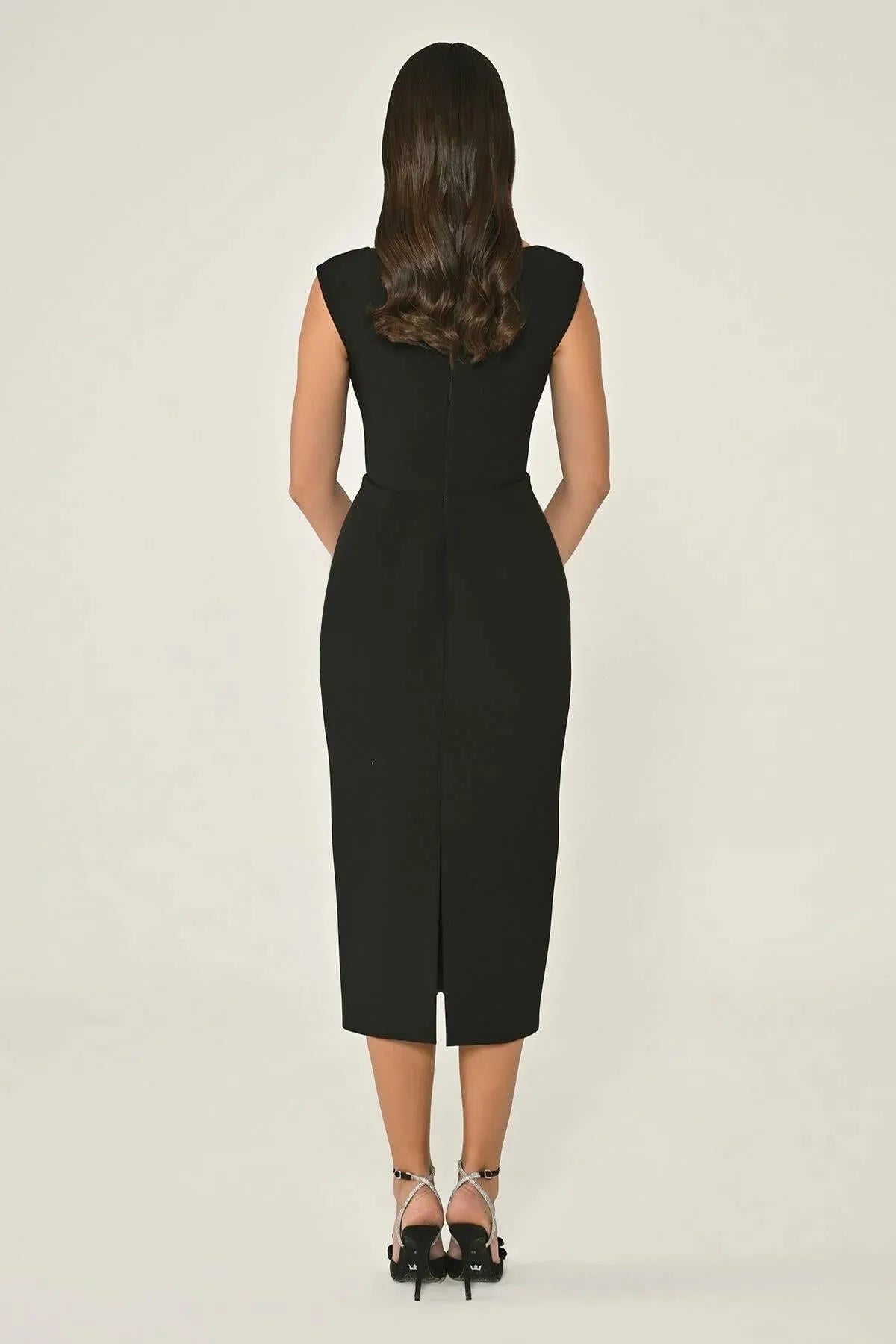 Crepe Midi Evening Dress with Chest Accessory