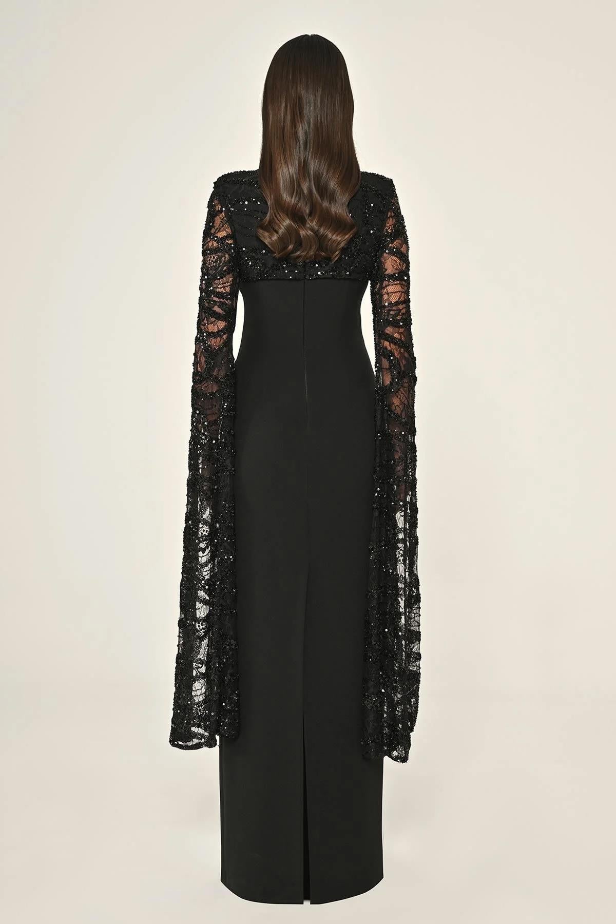 Beaded Sequin Shawl Sleeve Crepe Plus Size Long Evening Dress