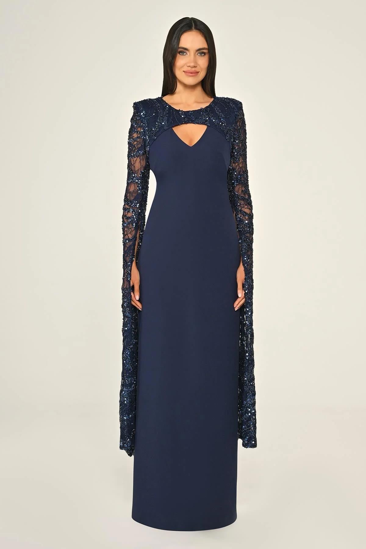 Beaded Sequin Shawl Sleeve Crepe Plus Size Long Evening Dress