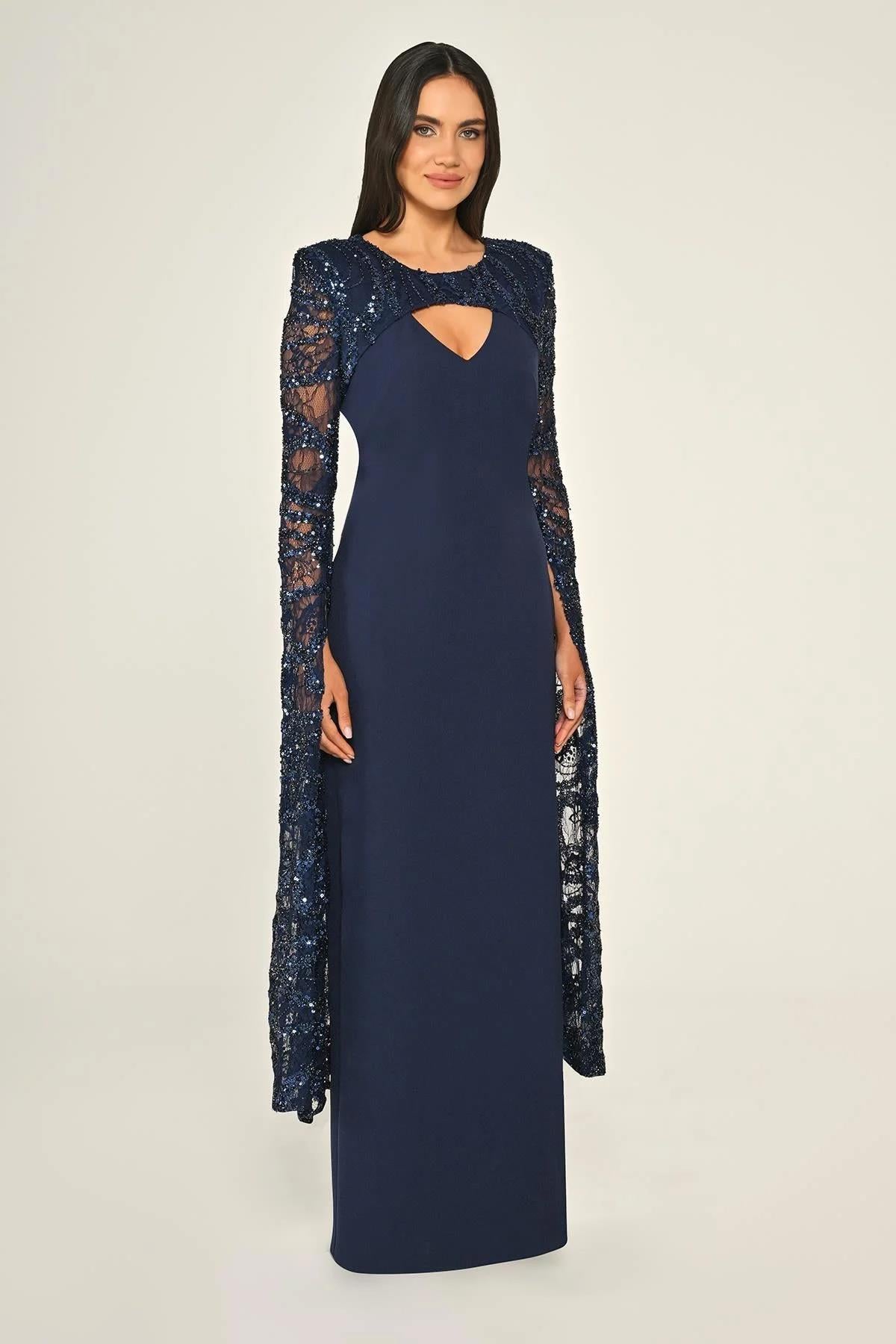 Beaded Sequin Shawl Sleeve Crepe Plus Size Long Evening Dress
