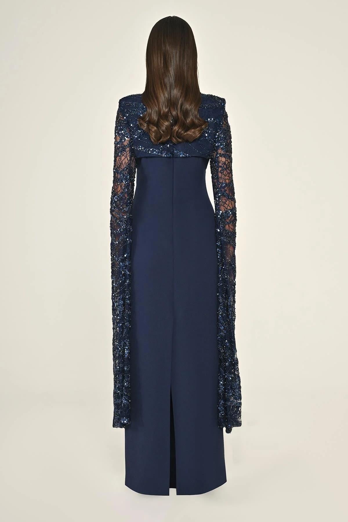 Beaded Sequin Shawl Sleeve Crepe Plus Size Long Evening Dress