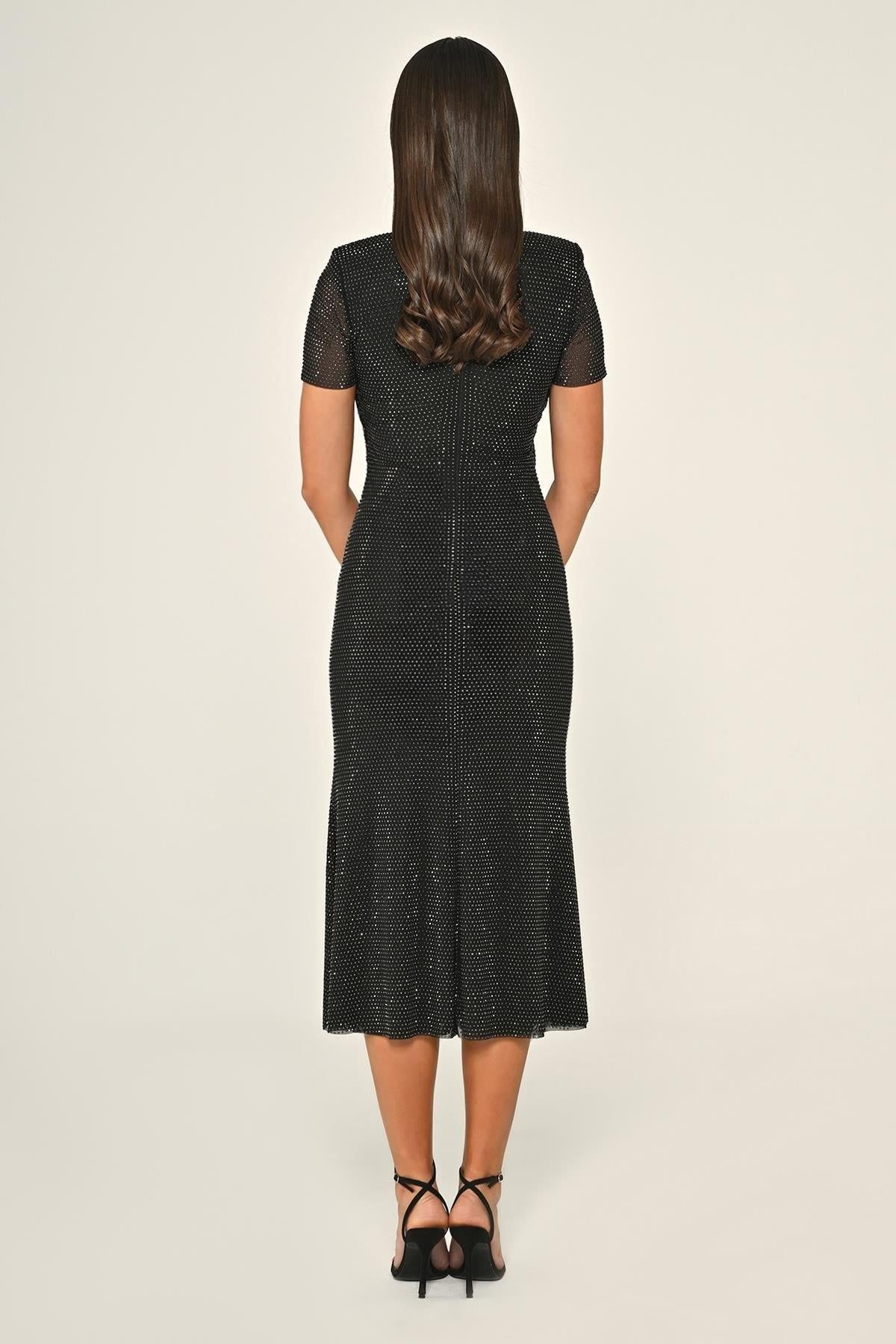 Short Sleeve Beaded Fabric Midi Evening Dress