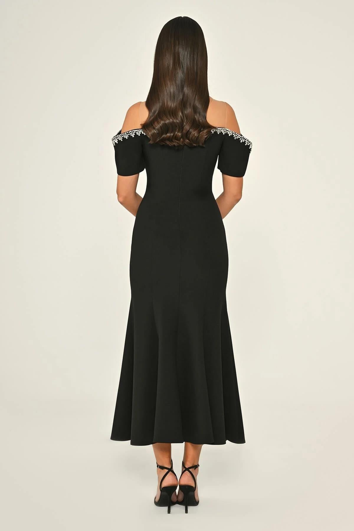 Stone Collar Low Sleeve Crepe Midi Evening Dress