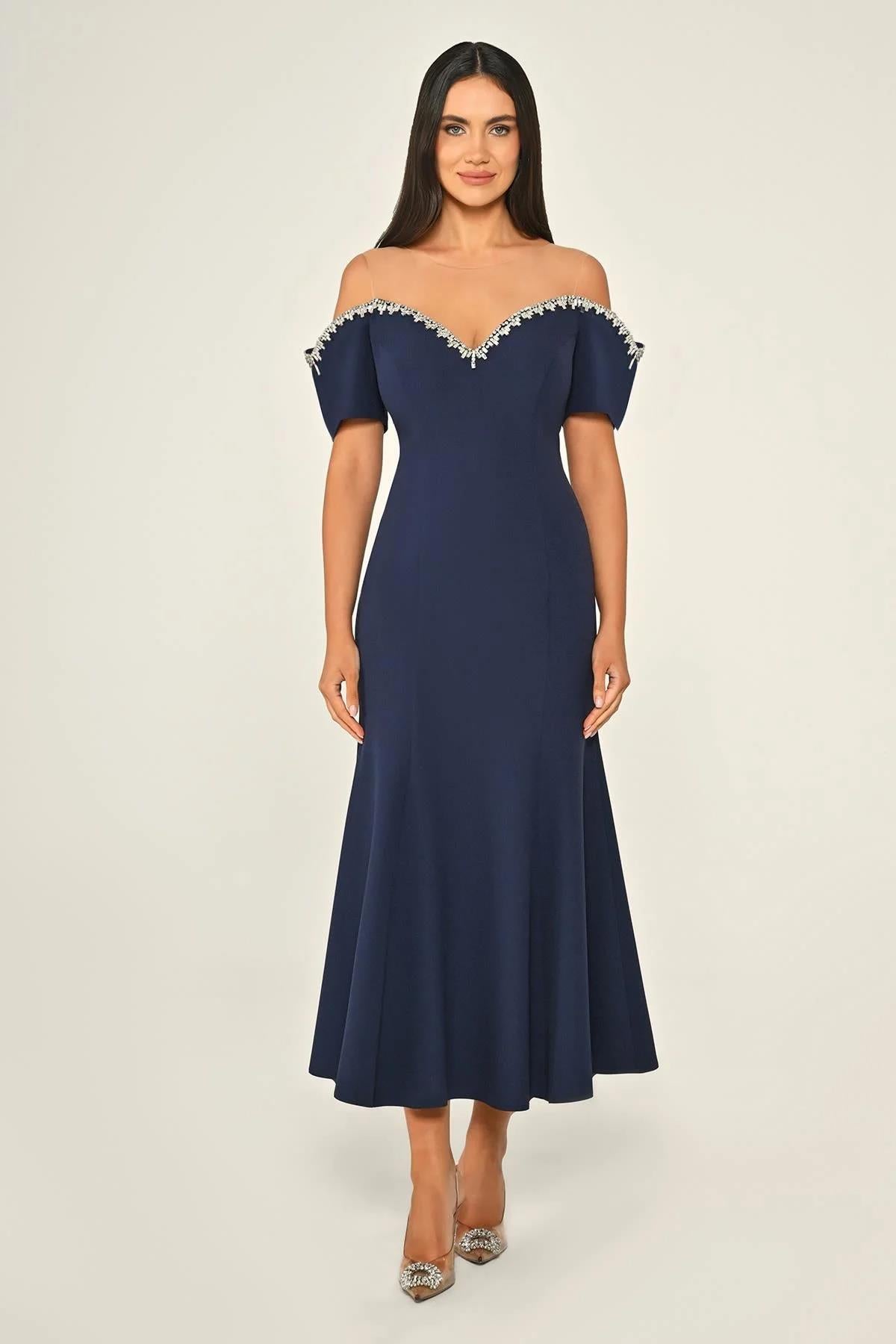 Stone Collar Low Sleeve Crepe Midi Evening Dress