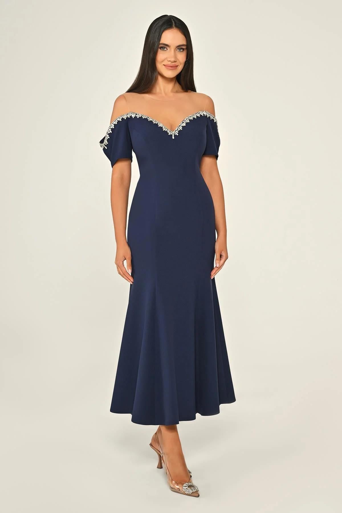 Stone Collar Low Sleeve Crepe Midi Evening Dress