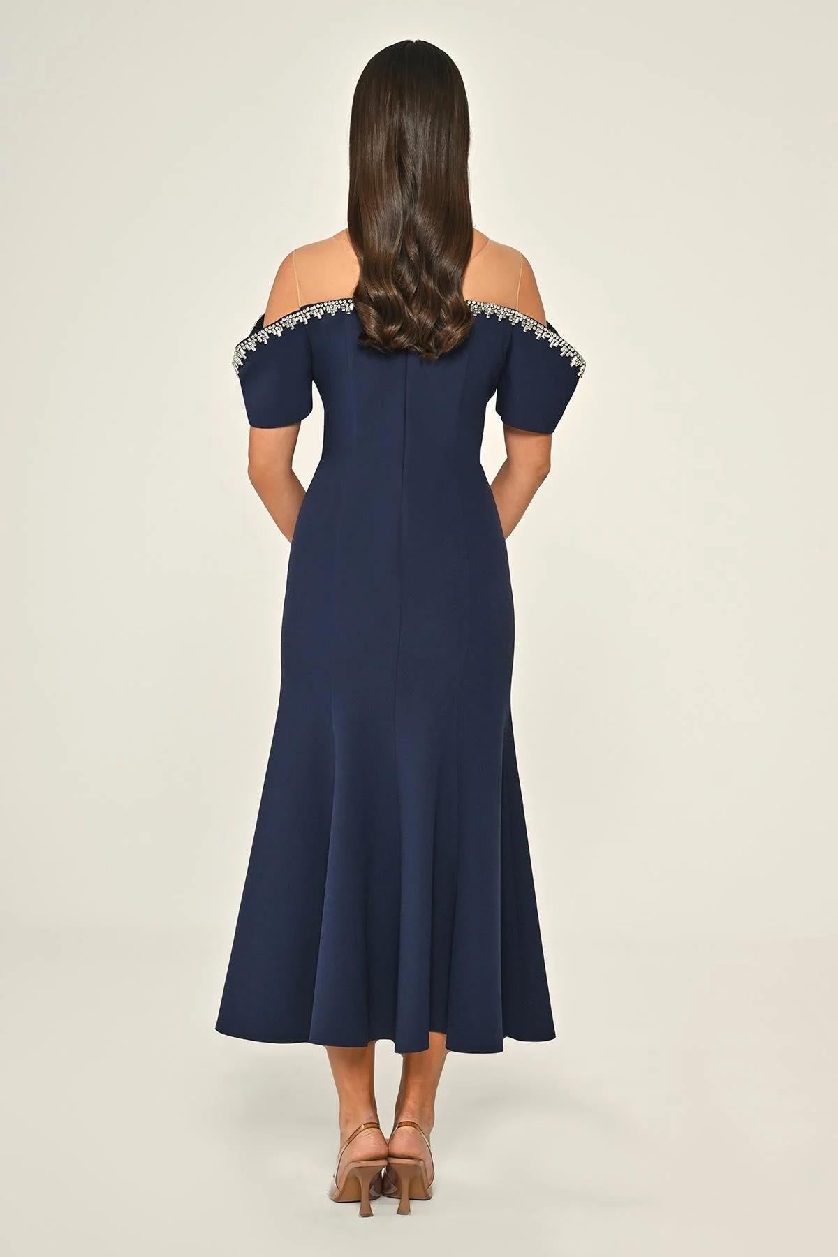 Stone Collar Low Sleeve Crepe Midi Evening Dress