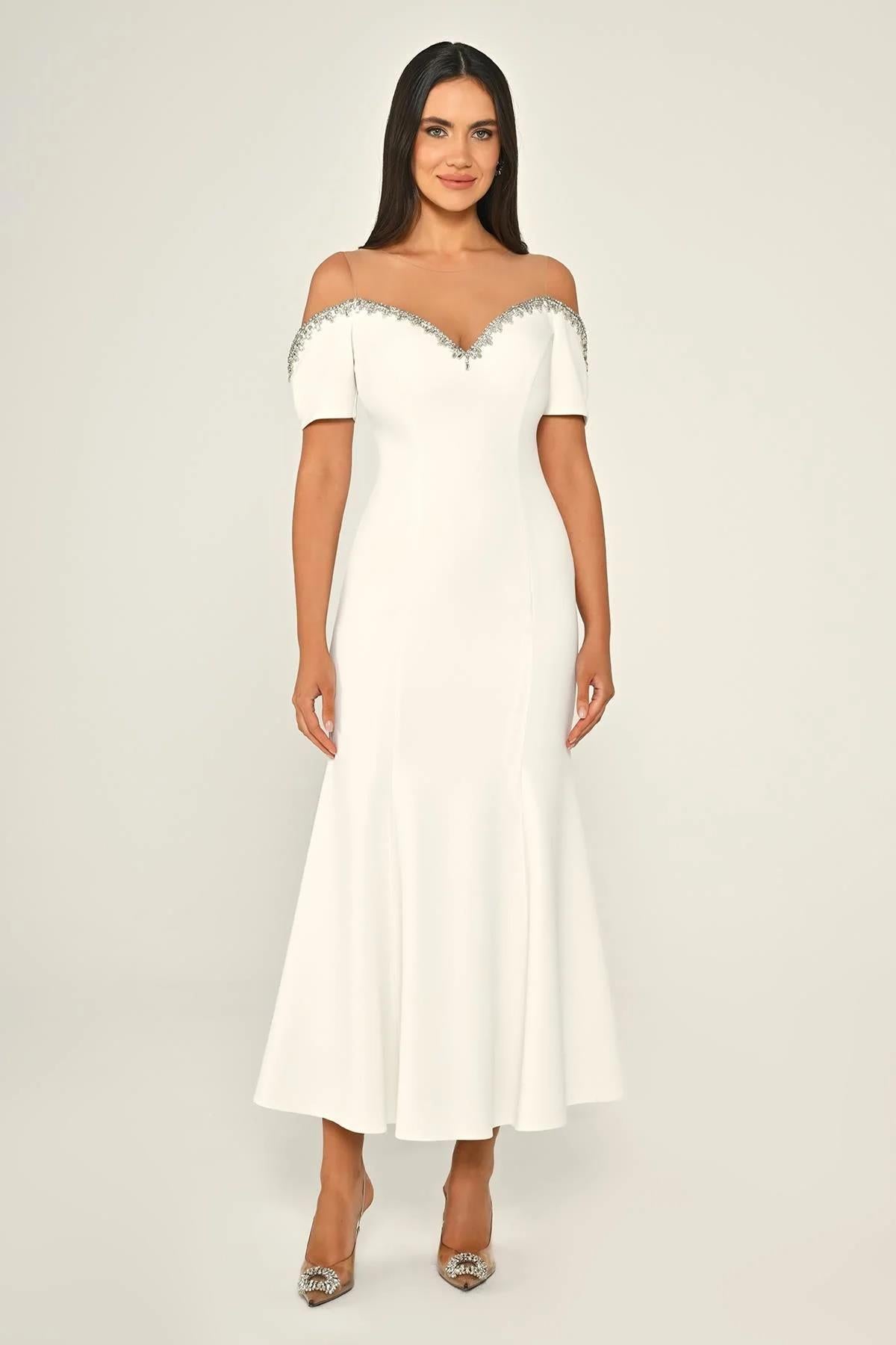 Stone Collar Low Sleeve Crepe Midi Evening Dress