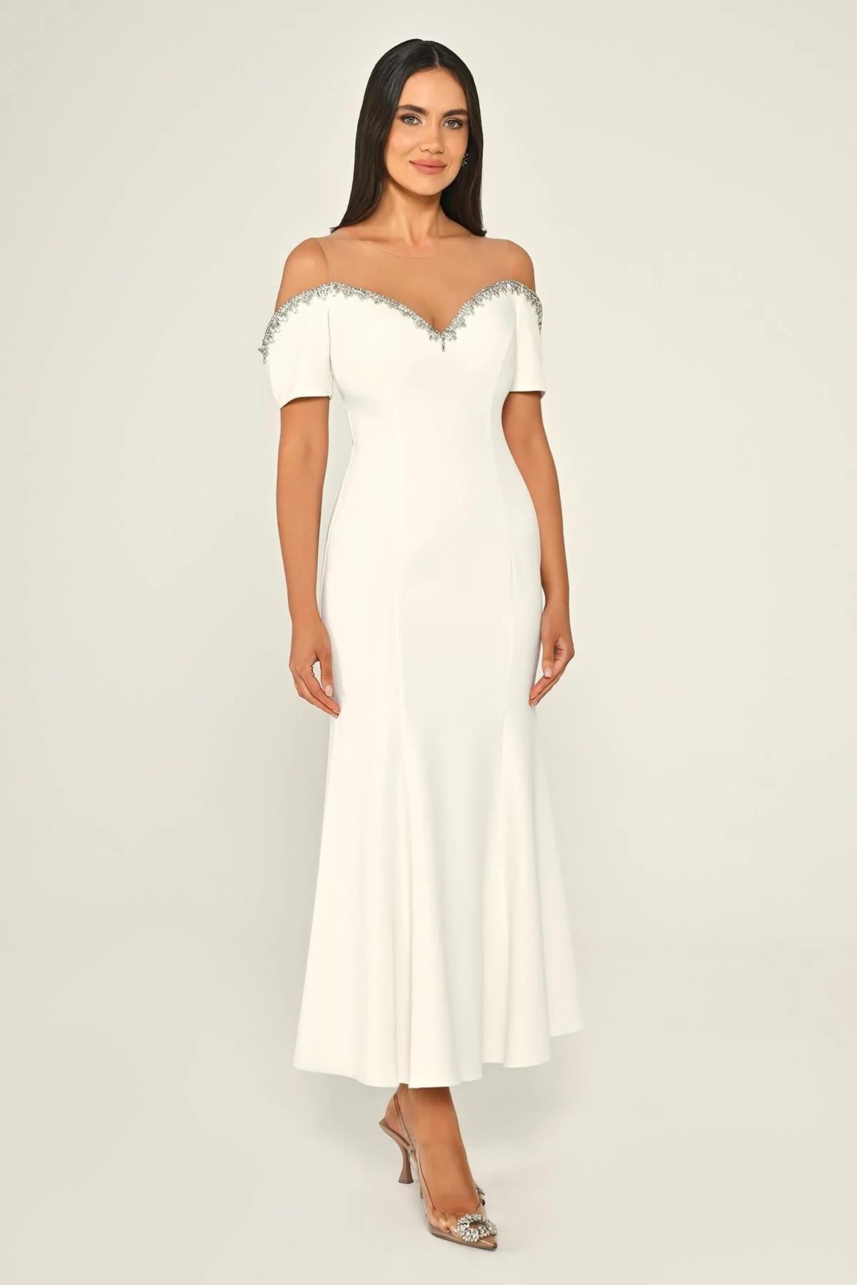 Stone Collar Low Sleeve Crepe Midi Evening Dress