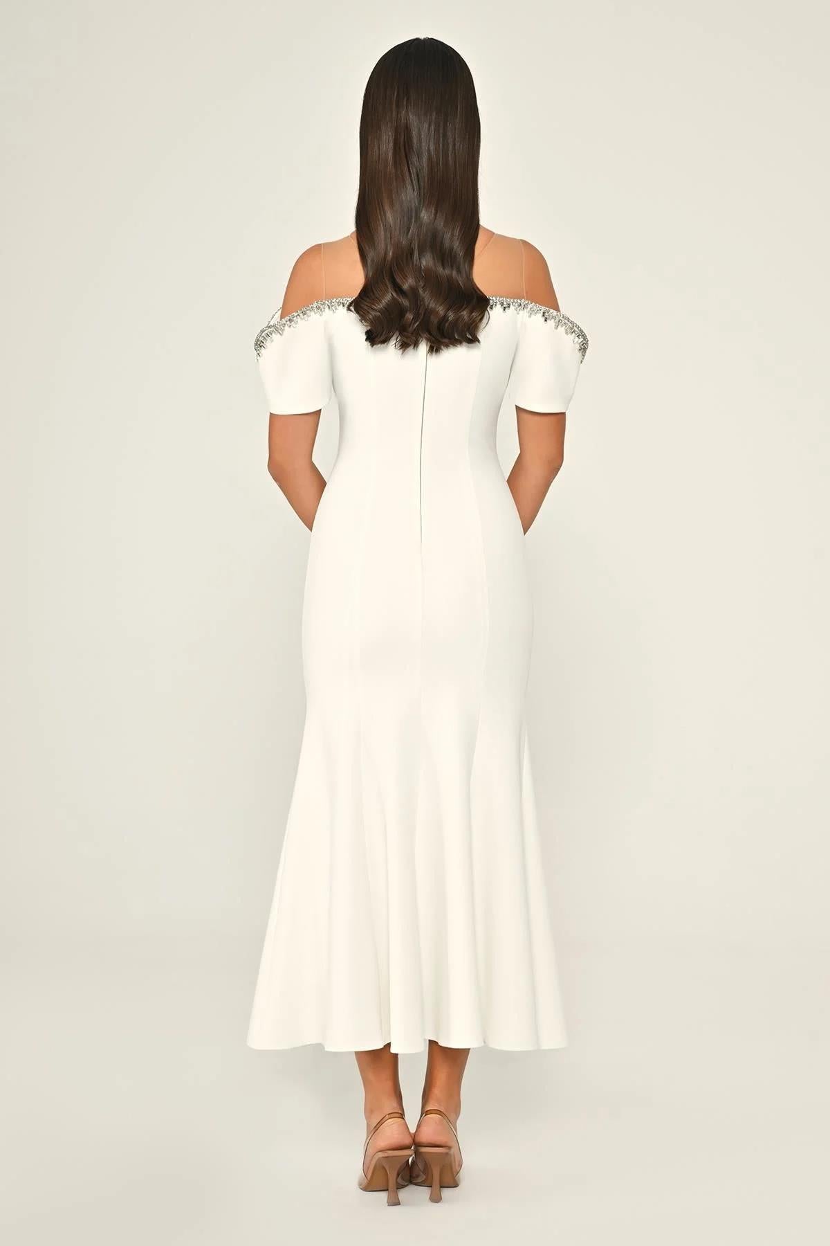 Stone Collar Low Sleeve Crepe Midi Evening Dress