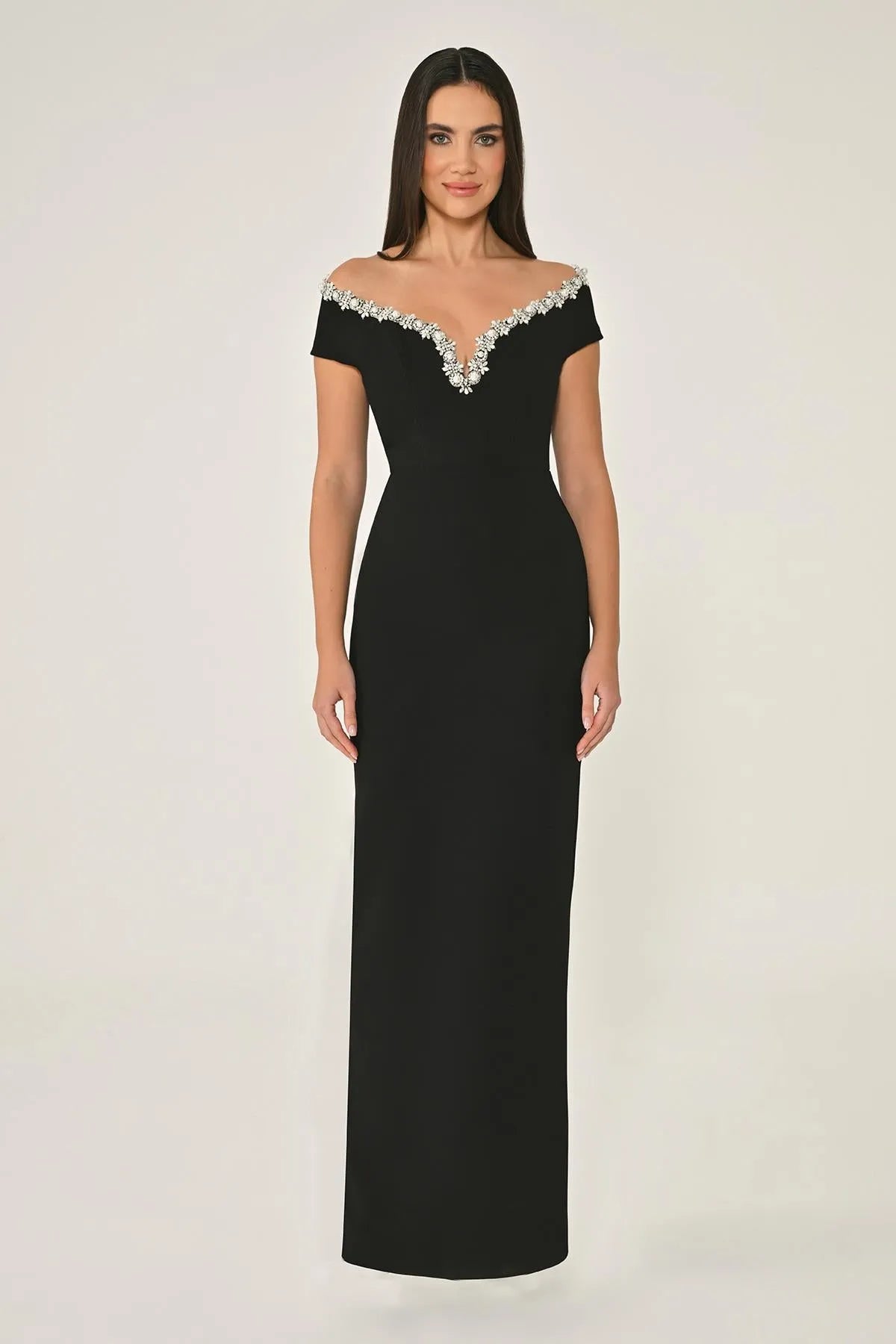 Off Shoulder V Neck Stone Pearl Detailed Evening Dress