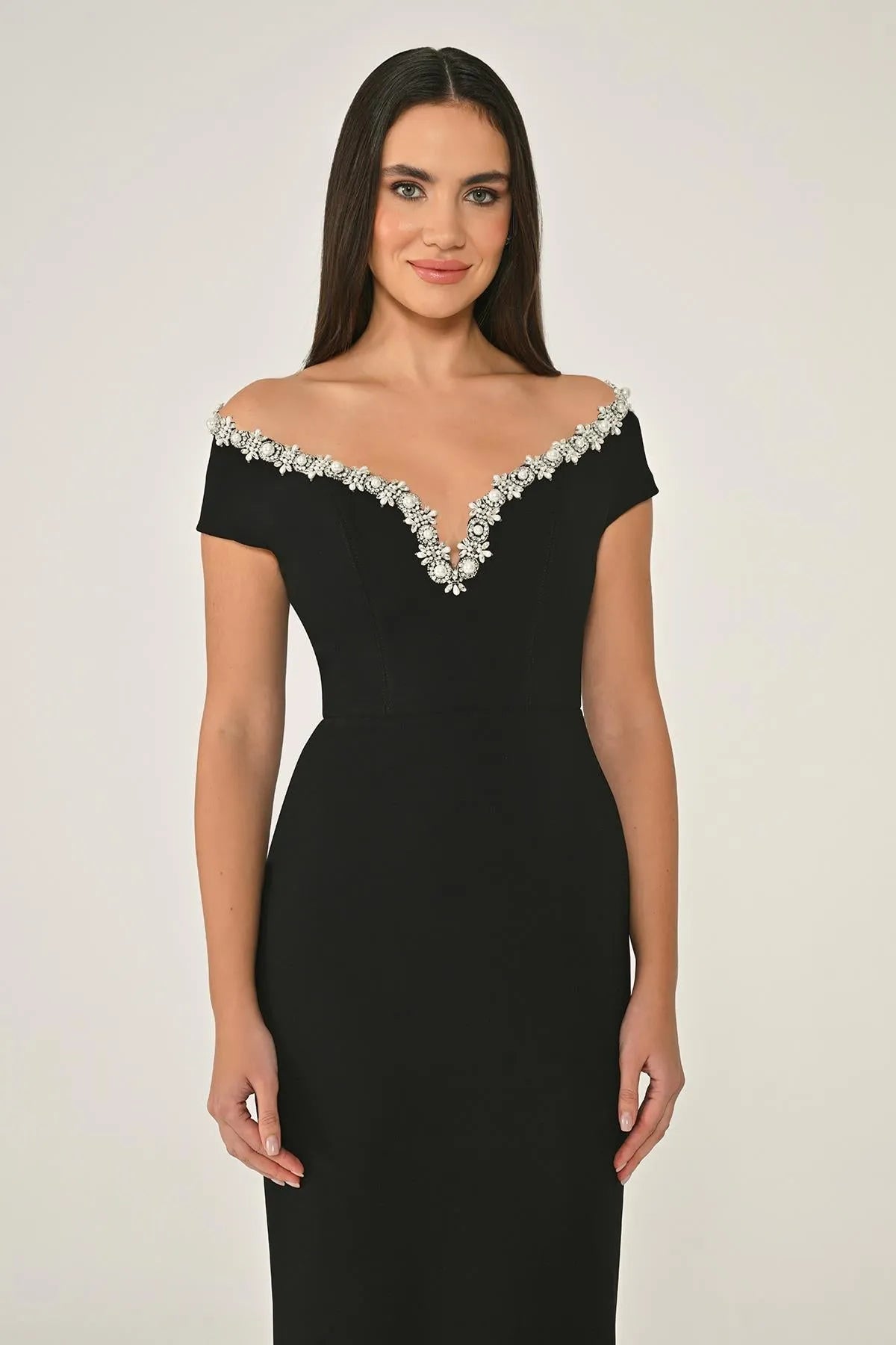 Off Shoulder V Neck Stone Pearl Detailed Evening Dress