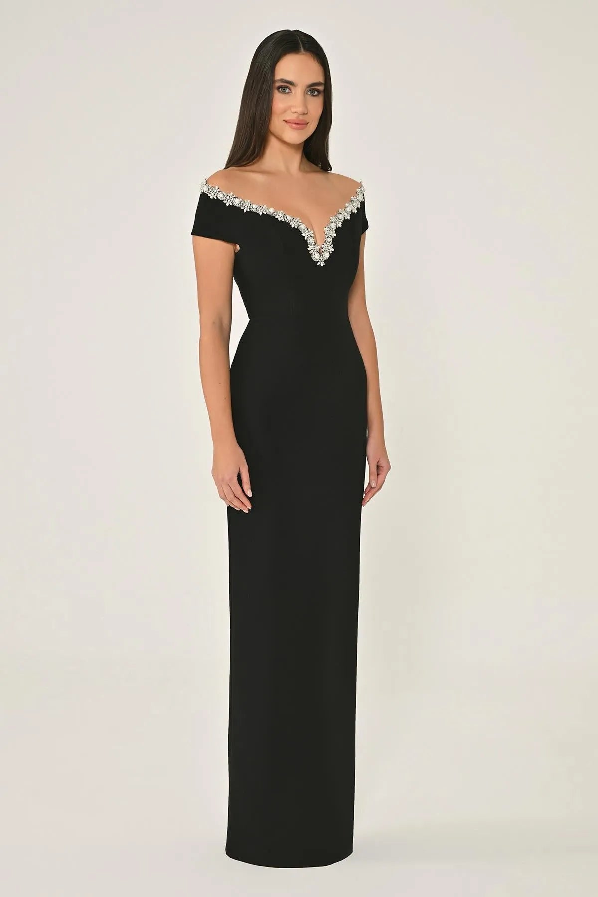 Off Shoulder V Neck Stone Pearl Detailed Evening Dress