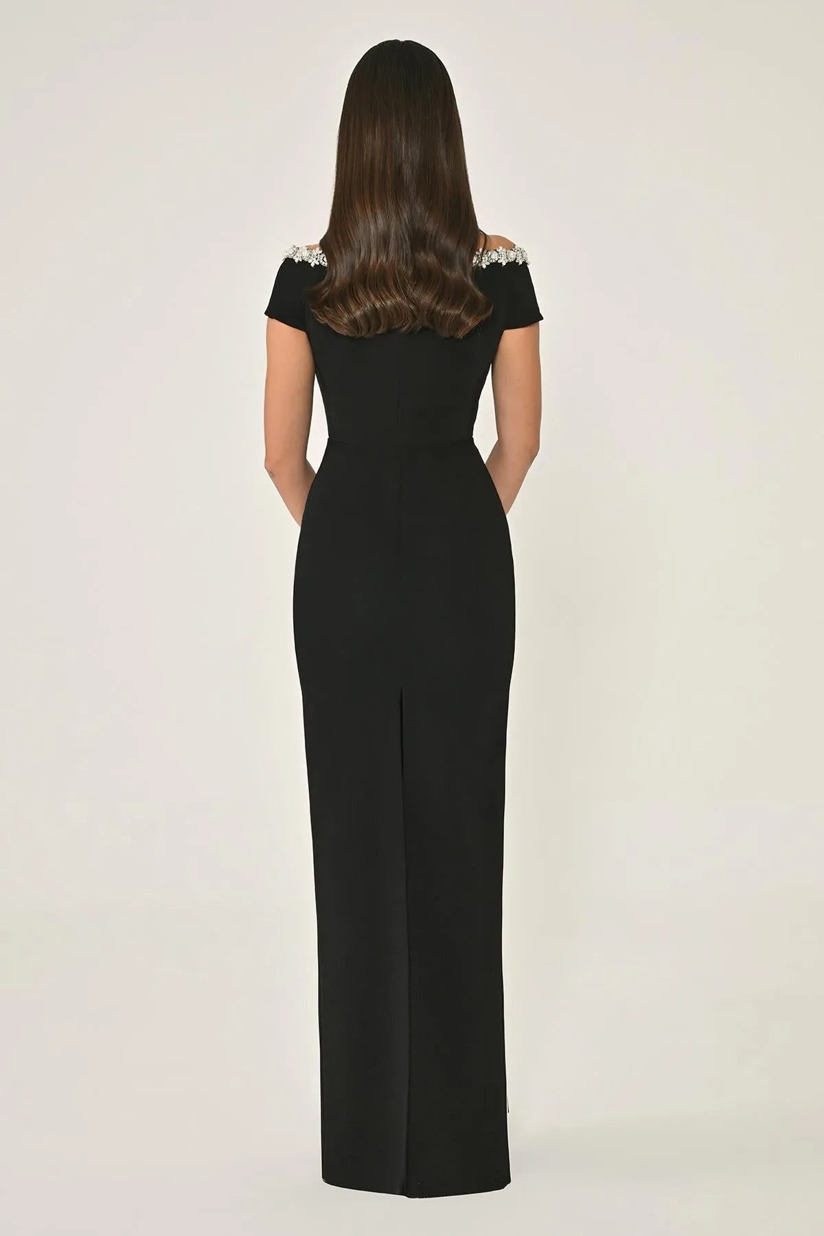 Off Shoulder V Neck Stone Pearl Detailed Evening Dress