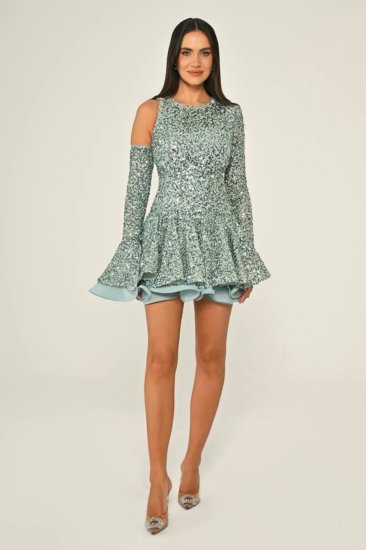 Long Sleeve Flounce Window Detail Sequin Short Evening Dress