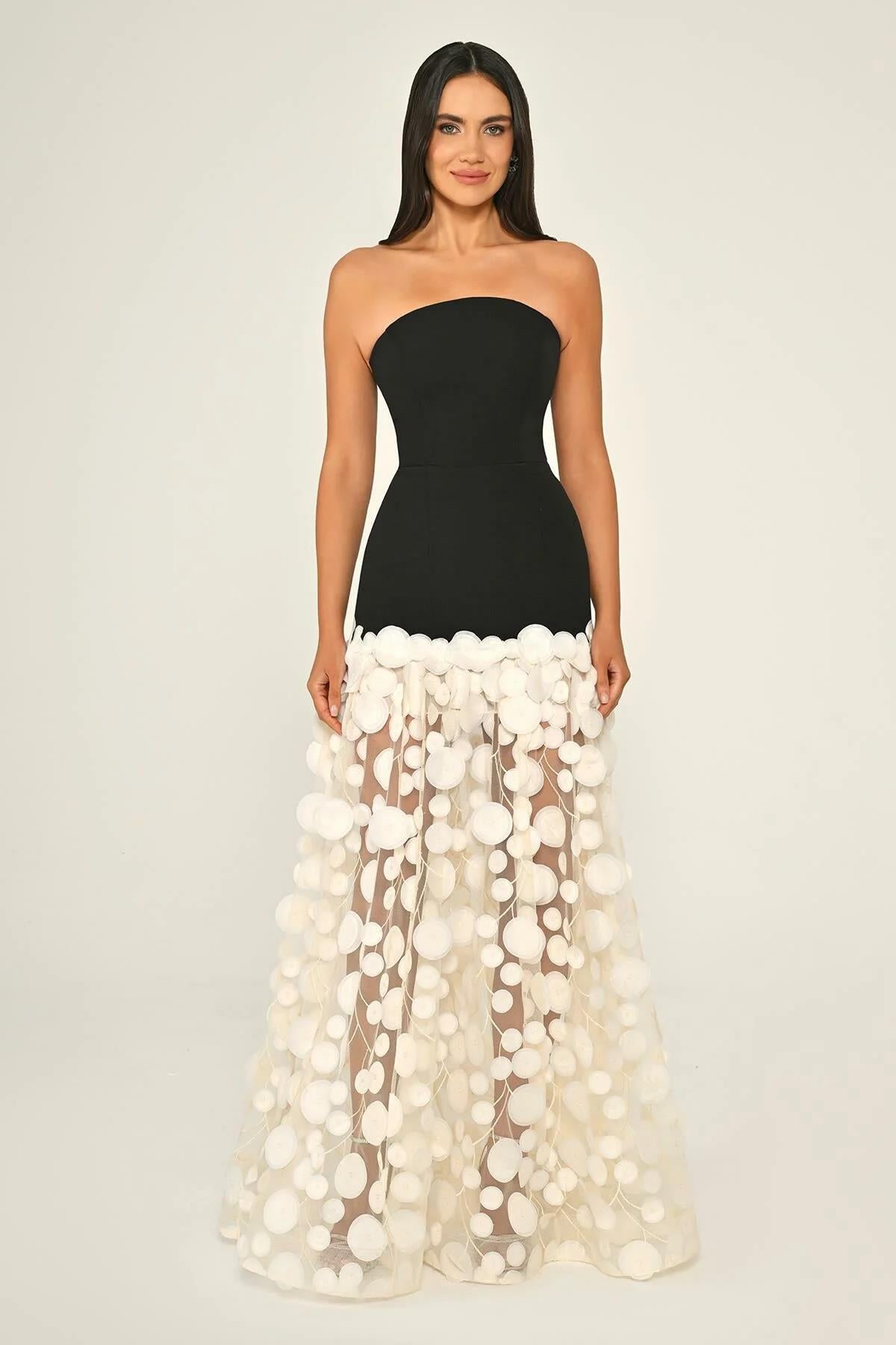 Strapless Top Crepe Skirt Three Dimensional Tulle Long Evening Dress