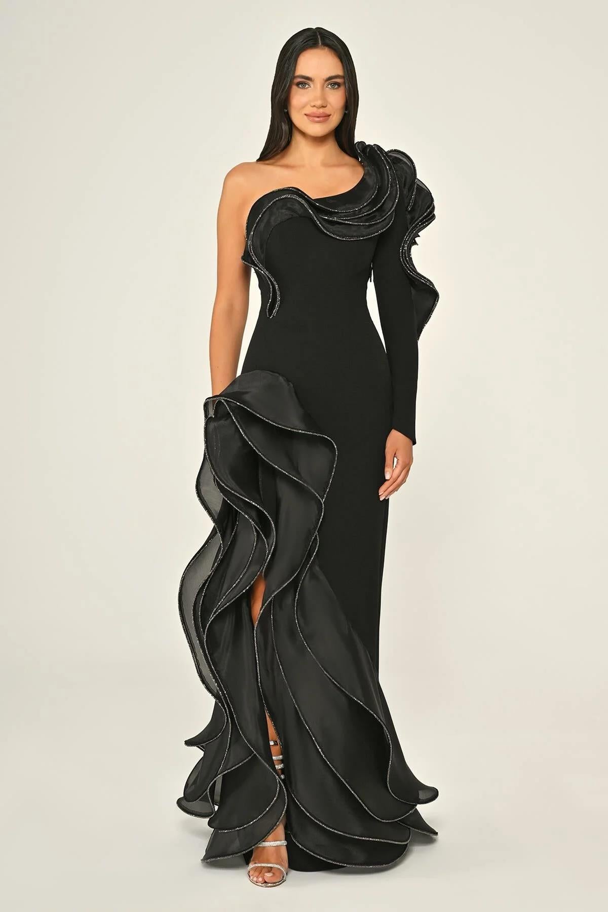 Single Flounce Single Sleeve Flounce Slit Crepe Long Evening Dress