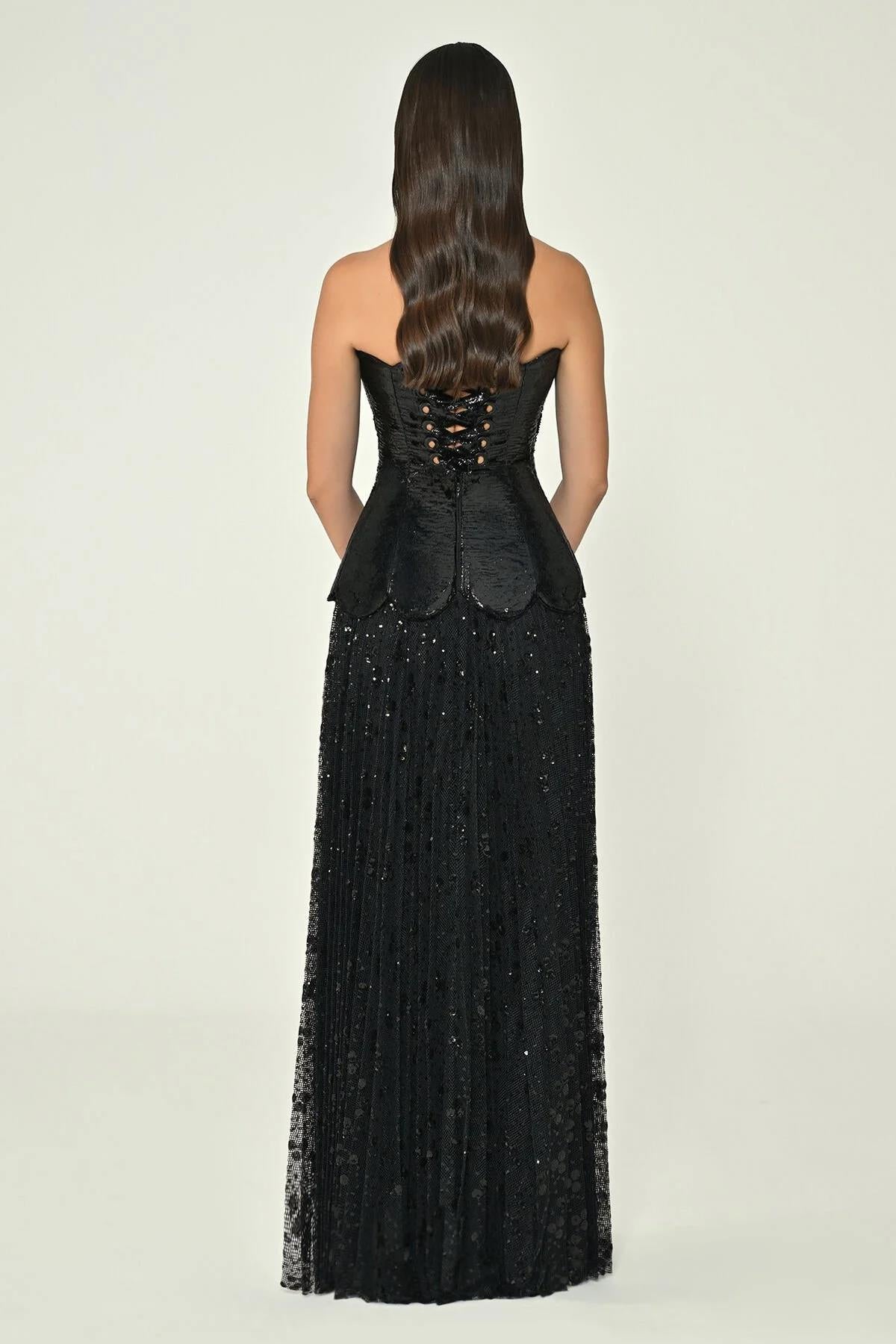 Straplez Üst İpek Kadife Eteği Payet Uzun Abiye Elbise