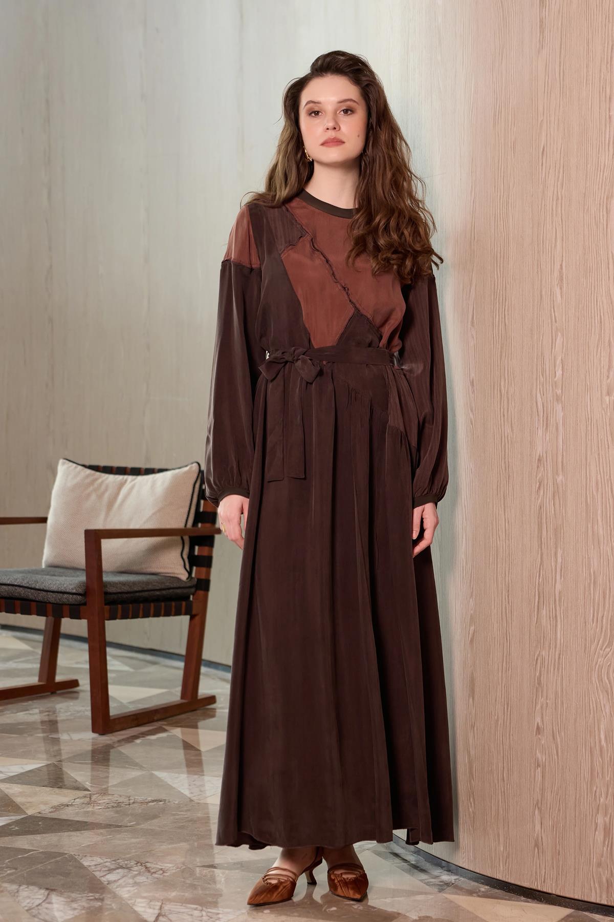 Beli Bağlamalı Cupro Patchwork Elbise