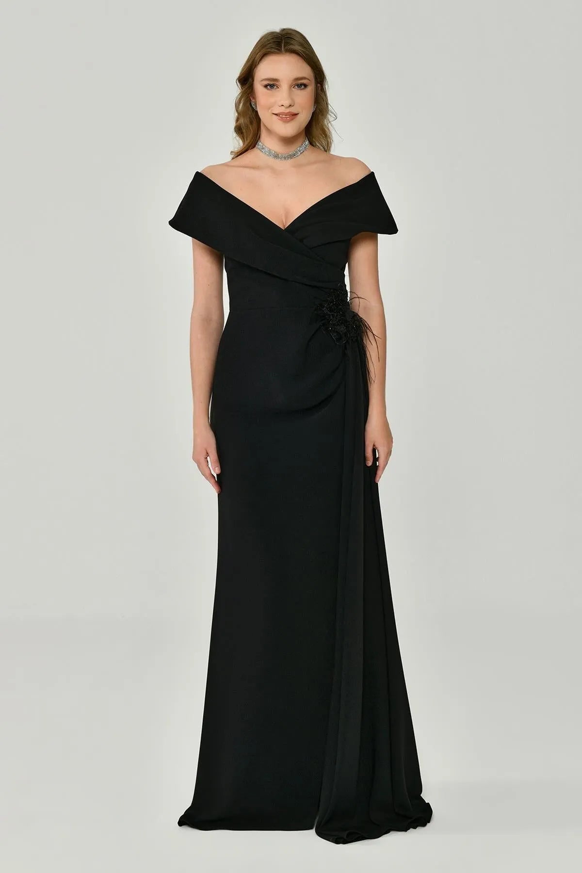 Crepe Long Evening Dress with Floral Waist Accessories