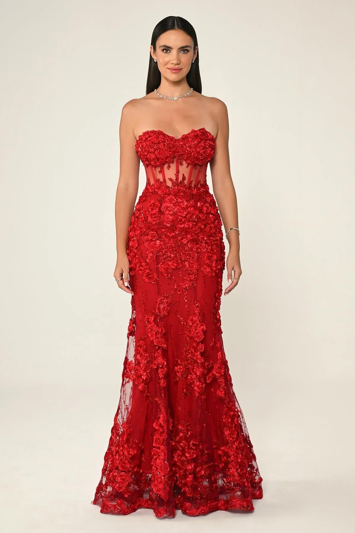 Transparent Waist Strapless Long Evening Dress