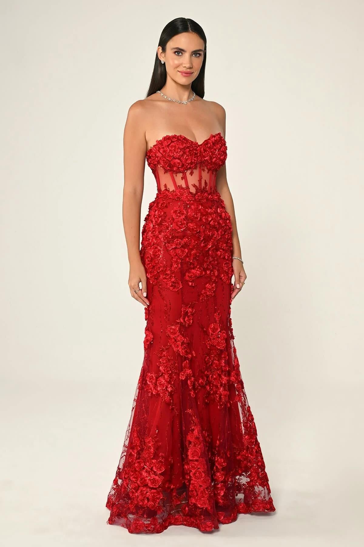 Transparent Waist Strapless Long Evening Dress