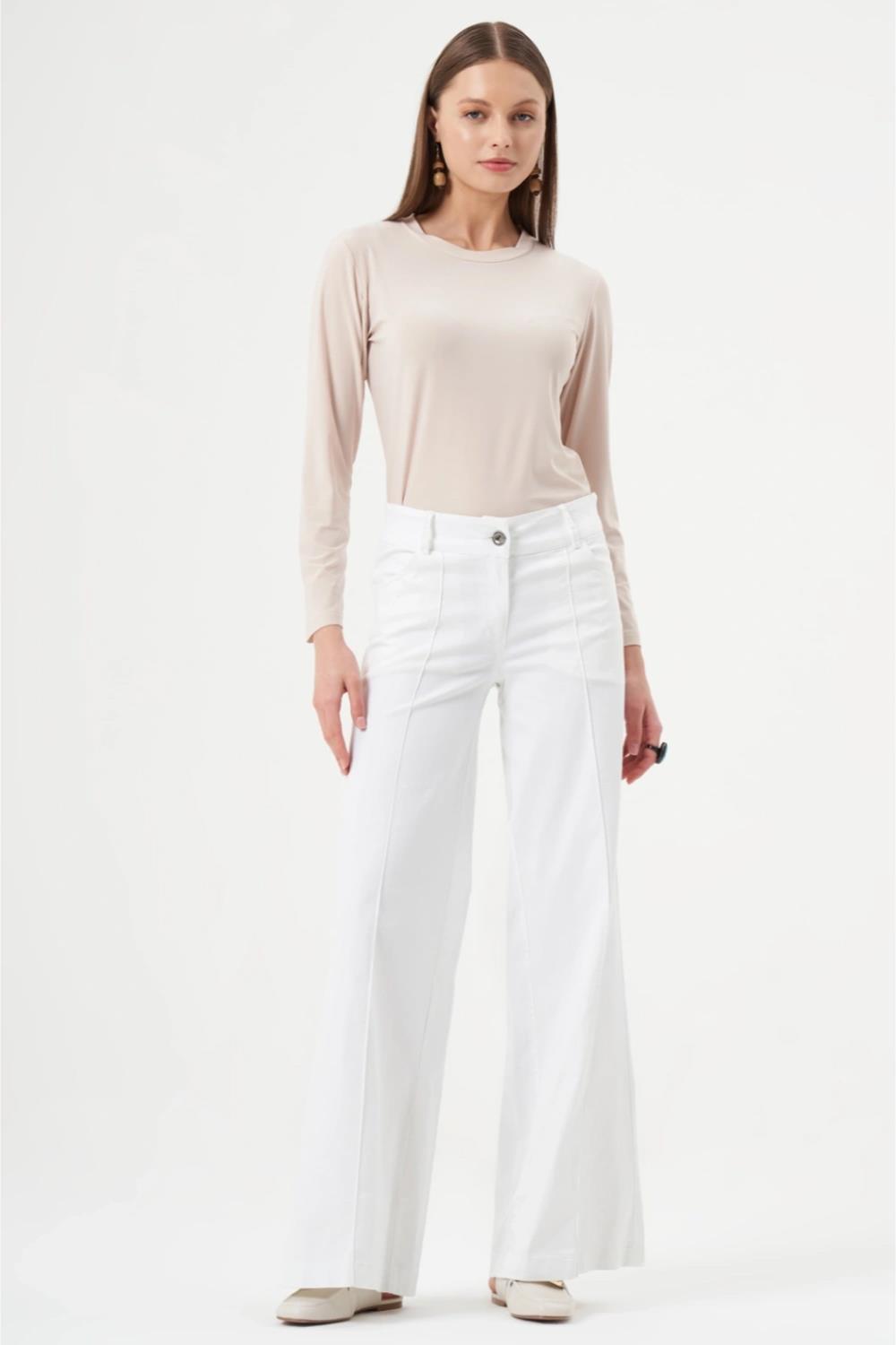 Misswhence Beyaz Nervürlü Bol Paça Kadın Kot Pantolon - Eser Giyim