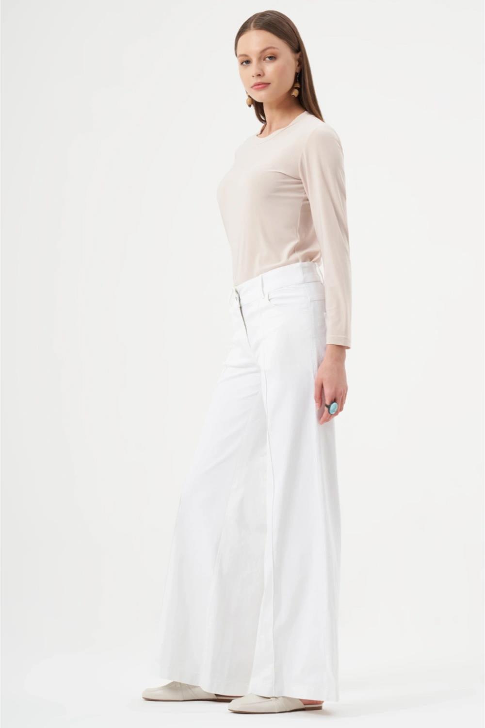Misswhence Beyaz Nervürlü Bol Paça Kadın Kot Pantolon - Eser Giyim
