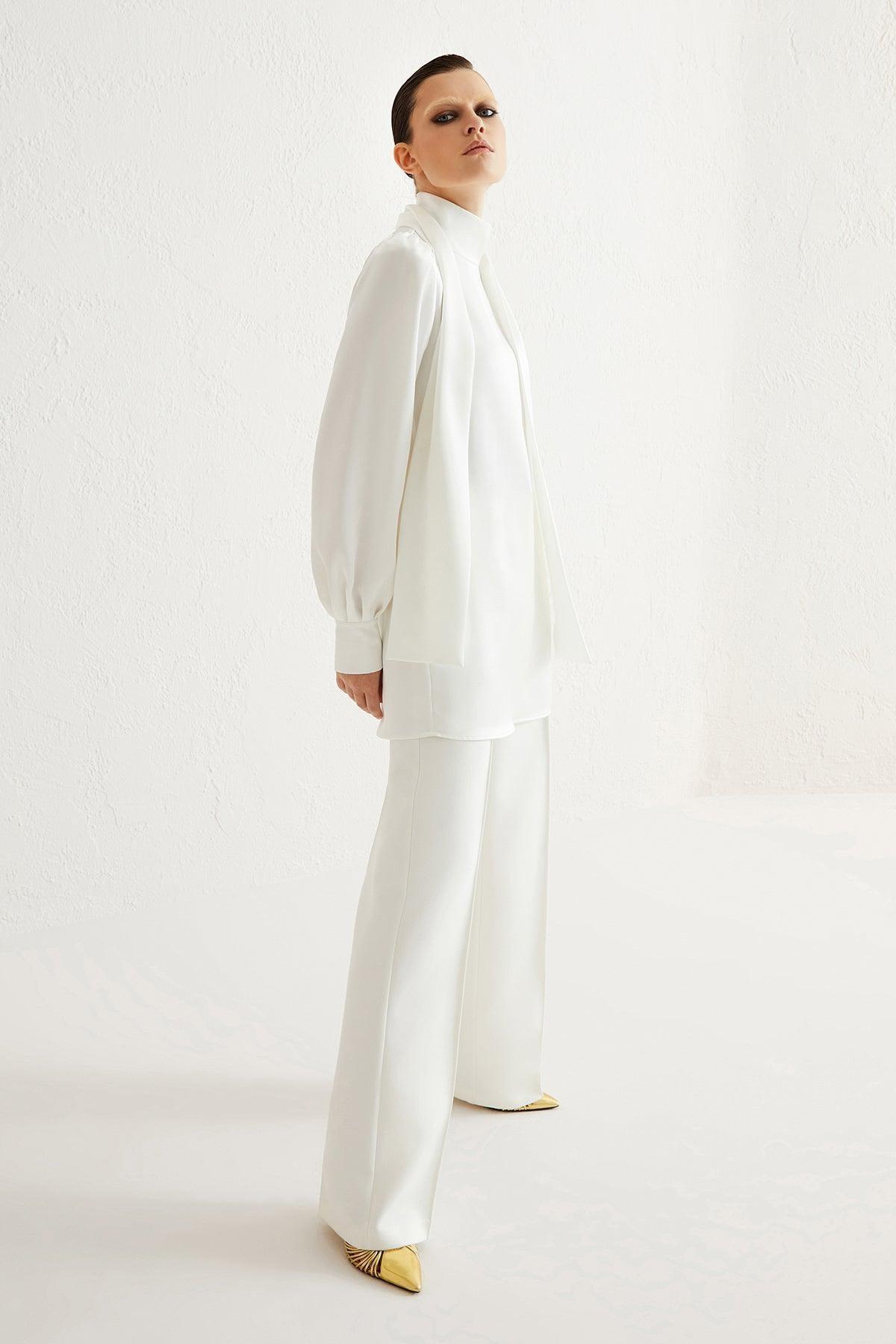 Beyaz Saten Yaka Bağlamalı Manşetli Tunik - Eser Giyim