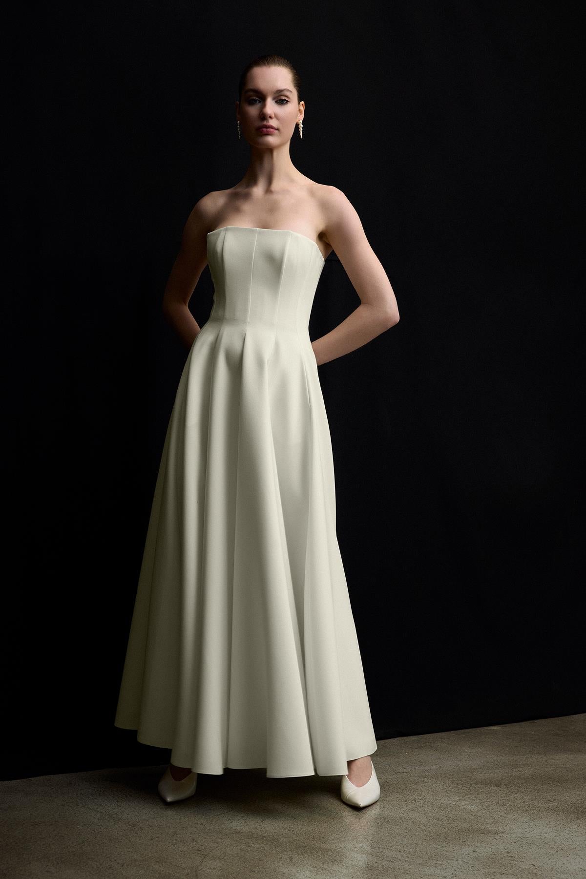 Bolero Detailed Strapless Flared Skirt Evening Dress