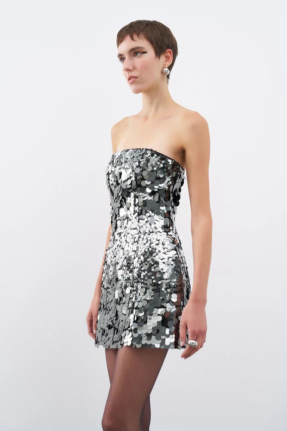 Sequined Strapless Mini Evening Dress
