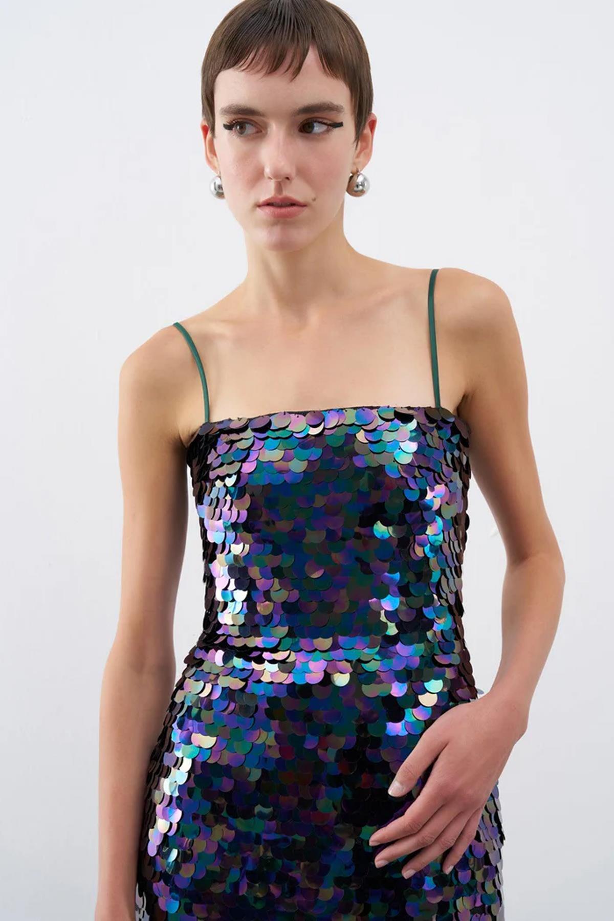 Sequined Rope Strap Midi Evening Dress