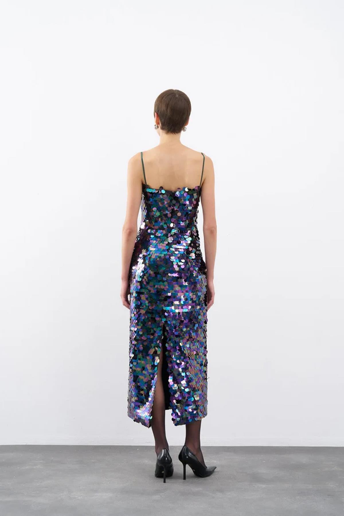 Sequined Rope Strap Midi Evening Dress