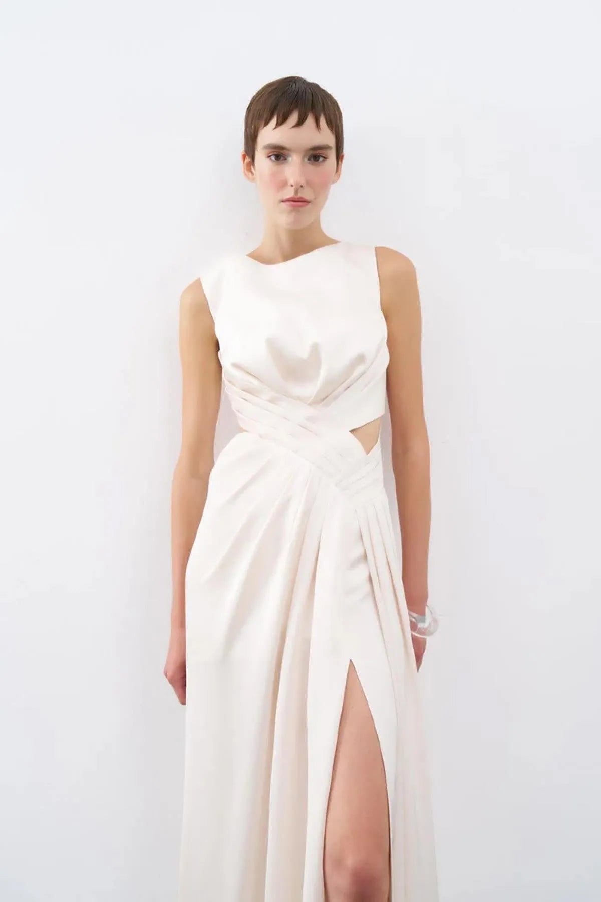Long Evening Dress with Slit and Window Detail