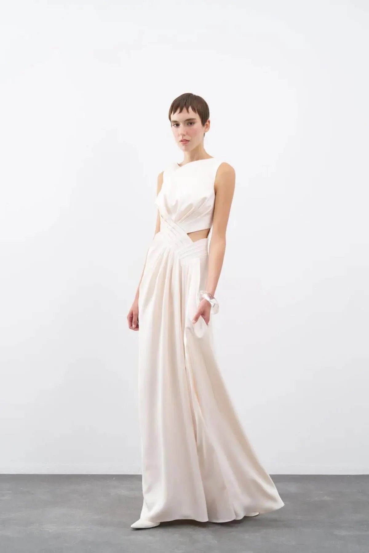 Long Evening Dress with Slit and Window Detail