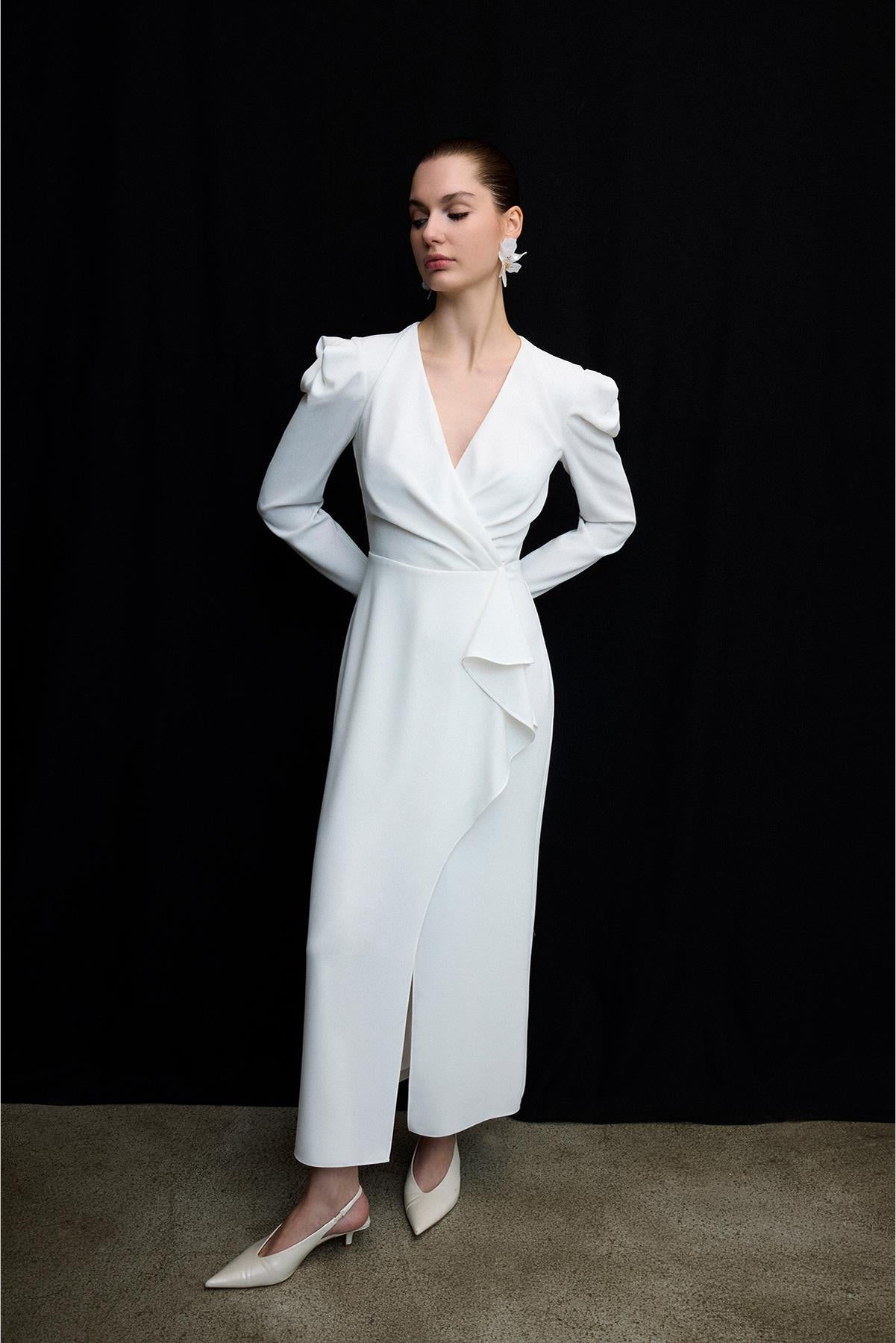 V Neck Long Sleeve Draped Midi Evening Dress