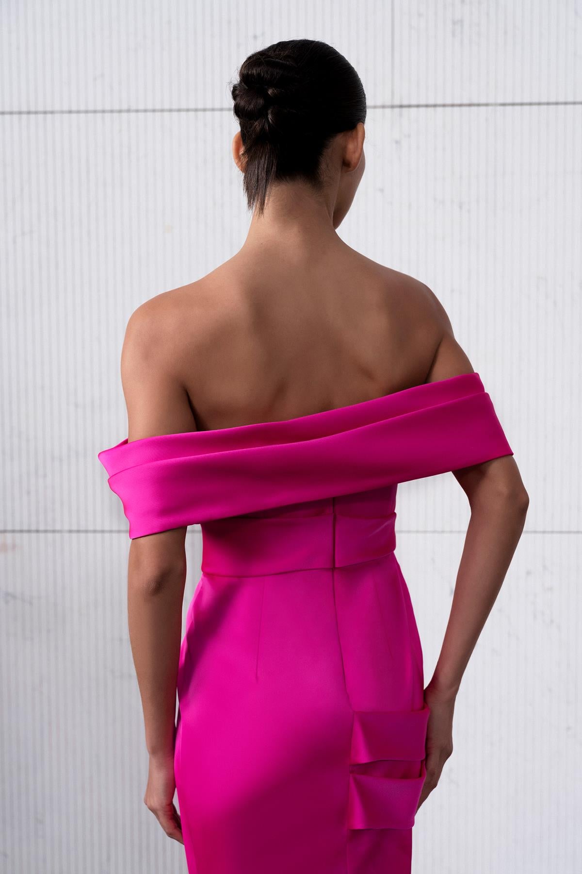 Off the Shoulder Draped Slit Detailed Long Evening Dress