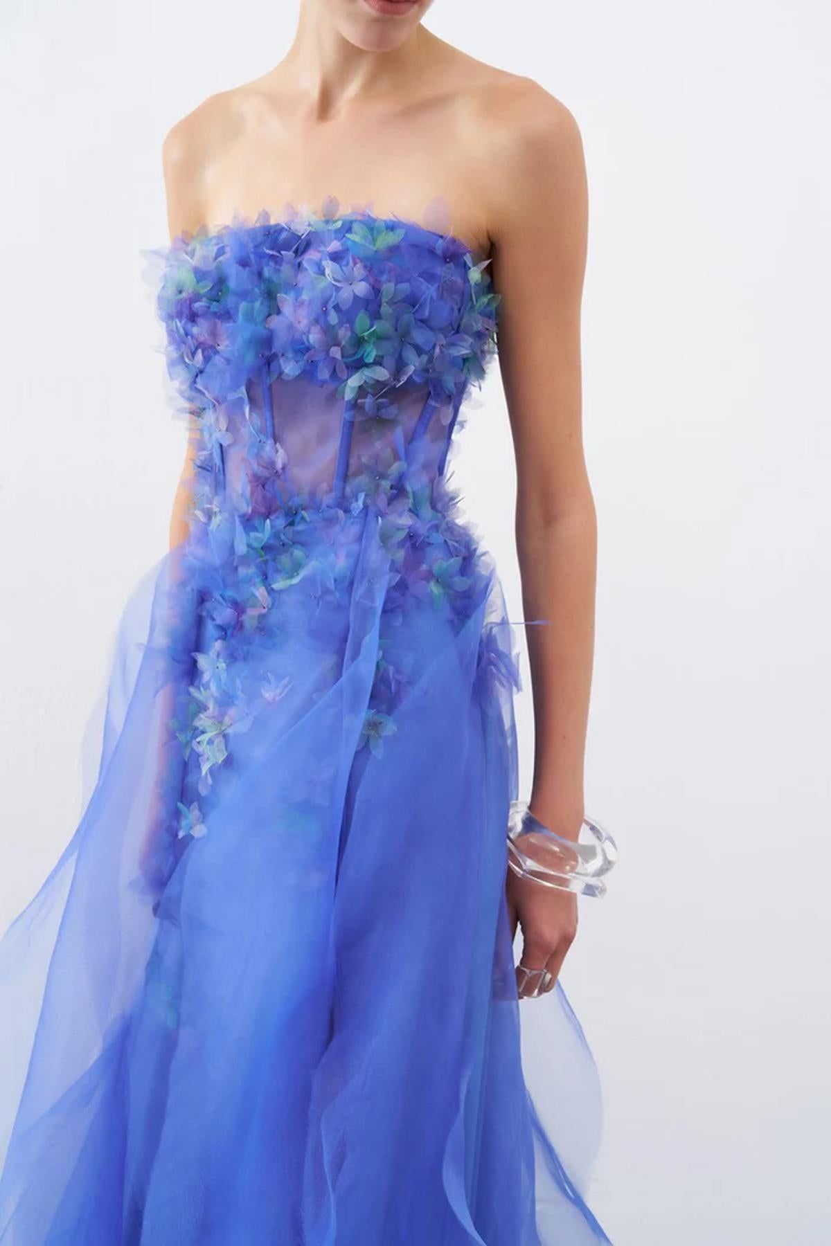 Three Dimensional Floral Strapless Long Evening Dress