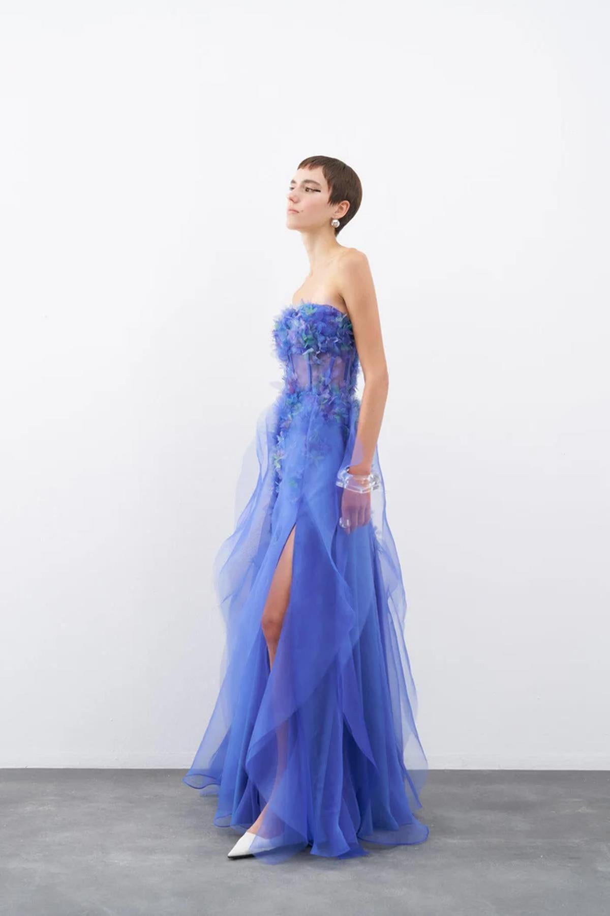 Three Dimensional Floral Strapless Long Evening Dress