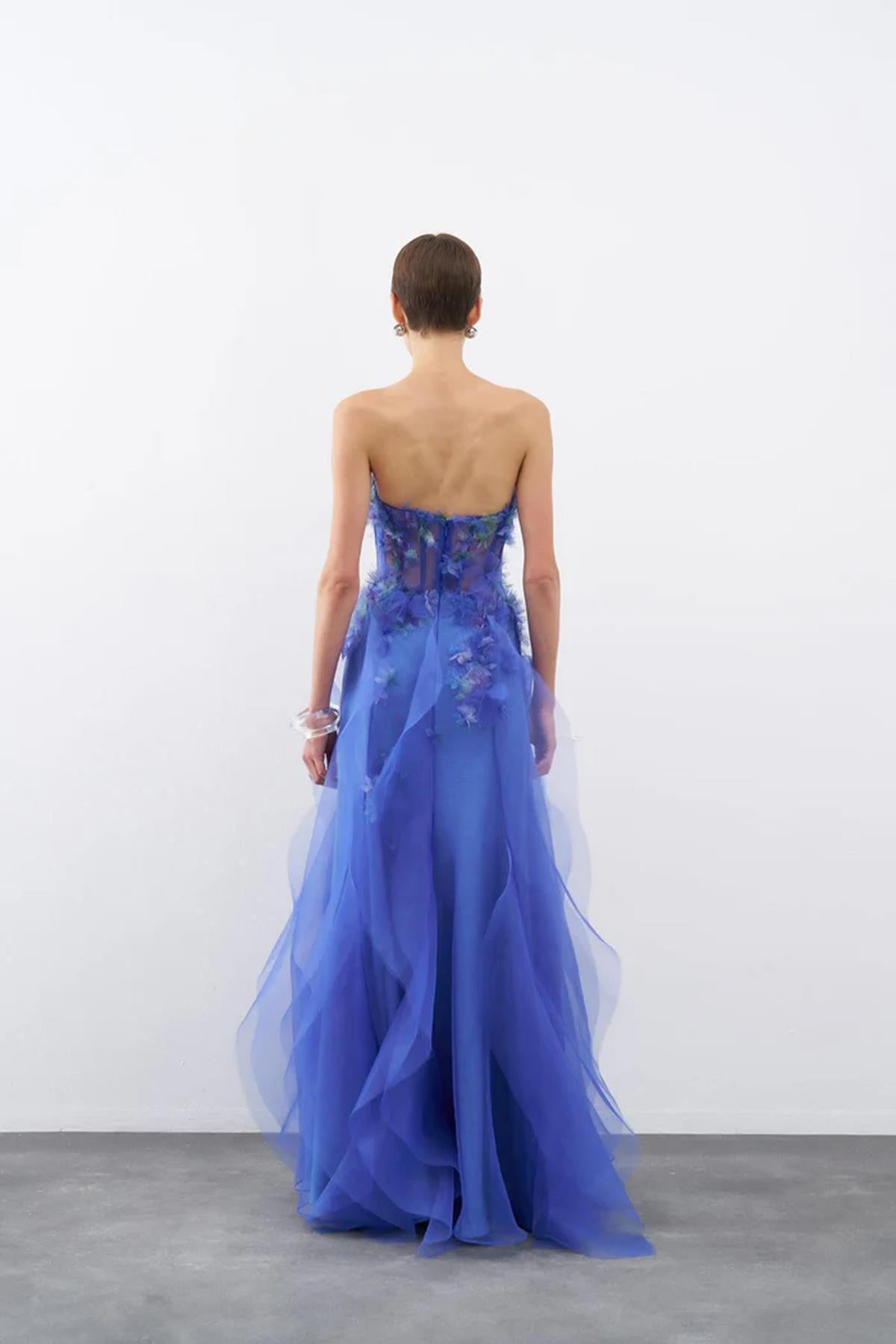 Three Dimensional Floral Strapless Long Evening Dress