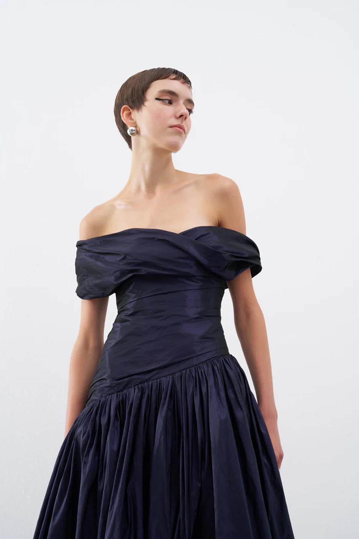 Taffeta Boat Neck Puffy Long Evening Dress
