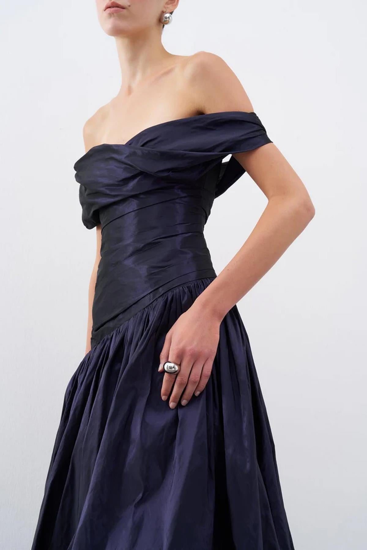 Taffeta Boat Neck Puffy Long Evening Dress