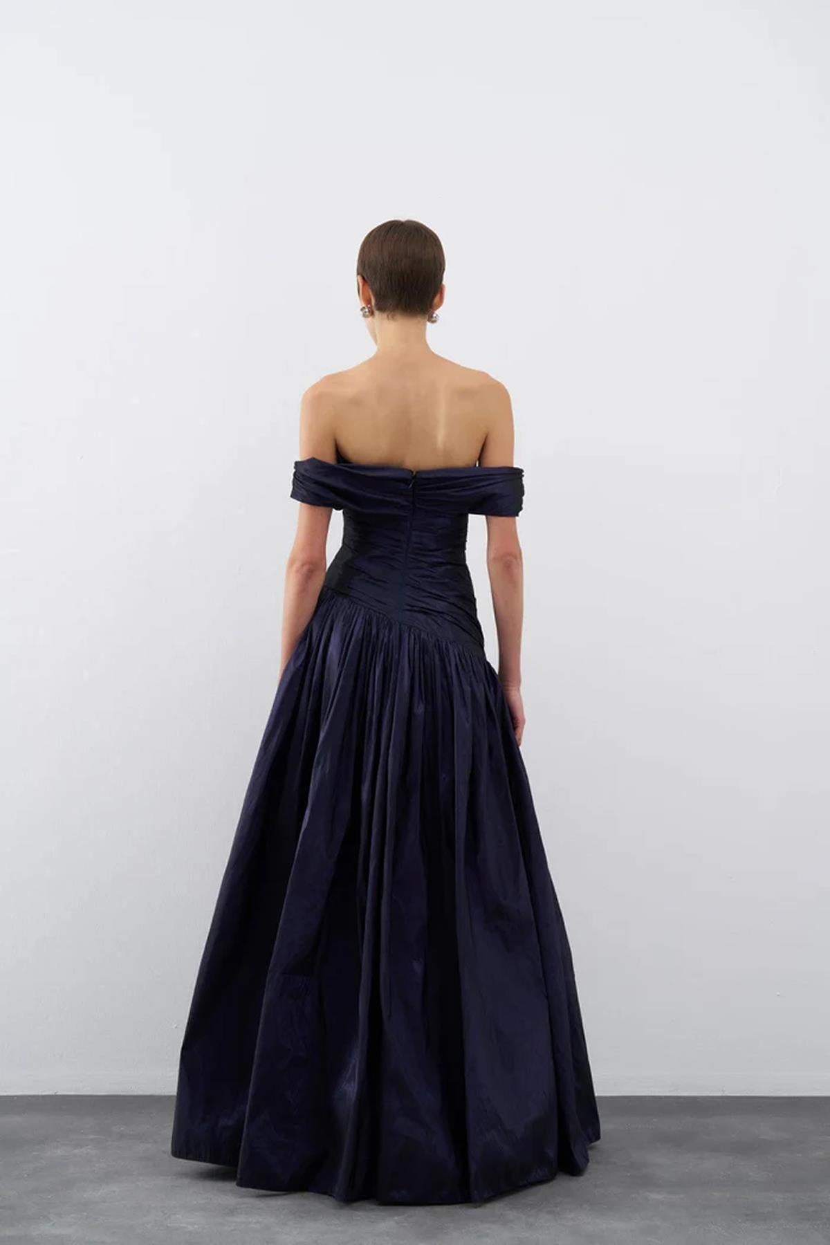 Taffeta Boat Neck Puffy Long Evening Dress