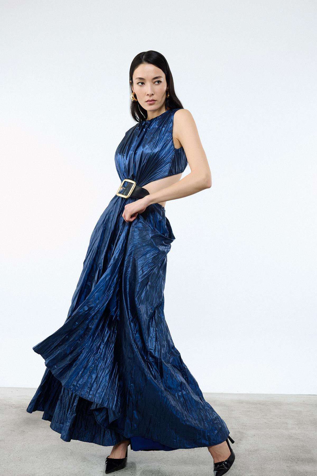 Pleated Evening Dress with Pleated Belt