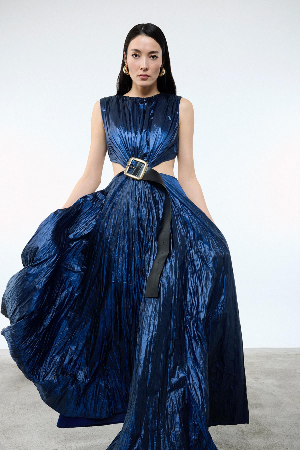 Pleated Evening Dress with Pleated Belt