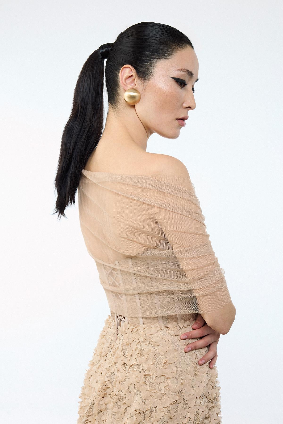 Flower Appliqued Transparent Bust Detail Long Evening Dress