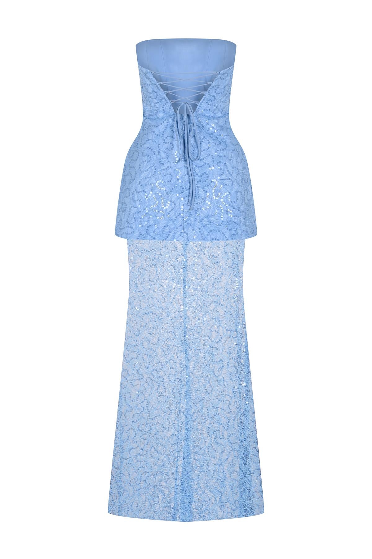 فستان سهرة بدون حمالات مزين بالأحجار والترتر