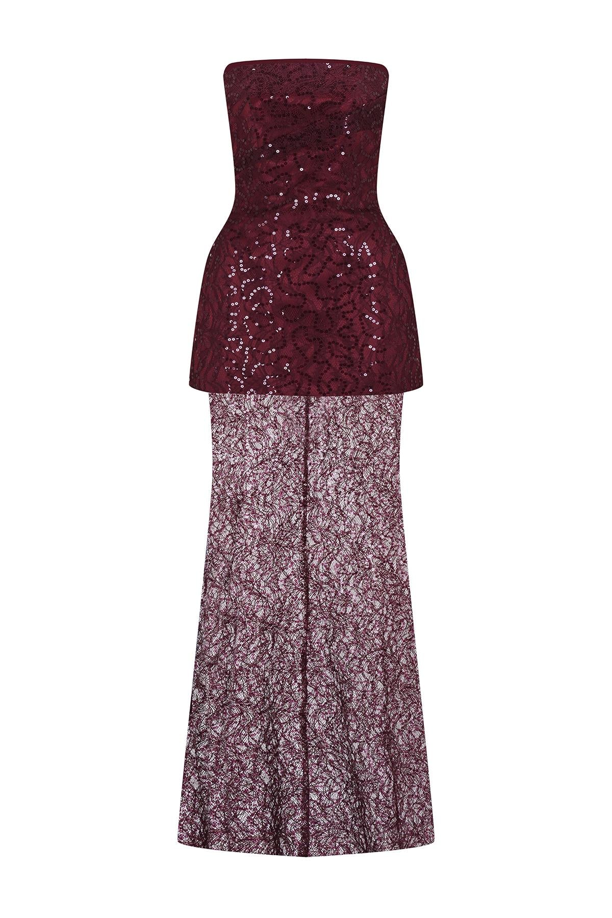 فستان سهرة بدون حمالات مزين بالأحجار والترتر