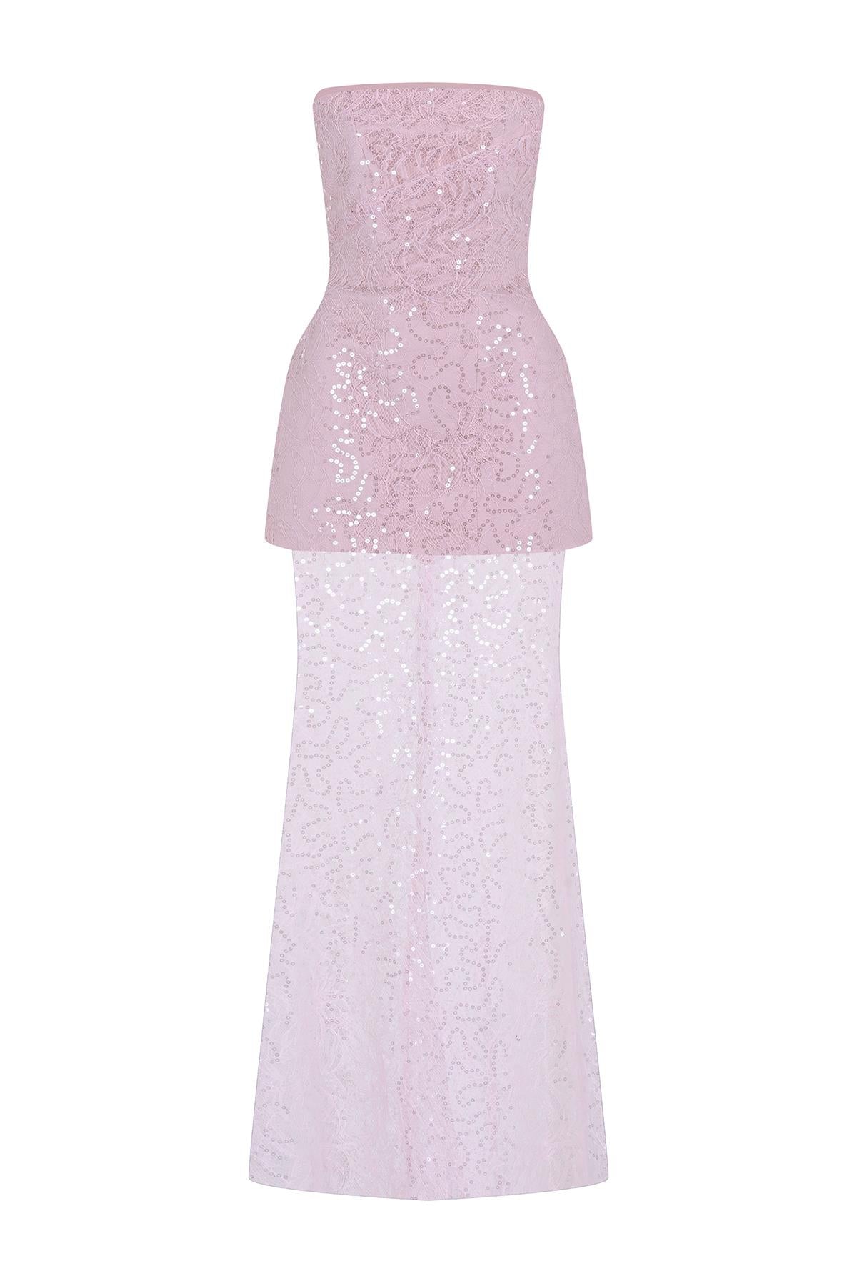 فستان سهرة بدون حمالات مزين بالأحجار والترتر