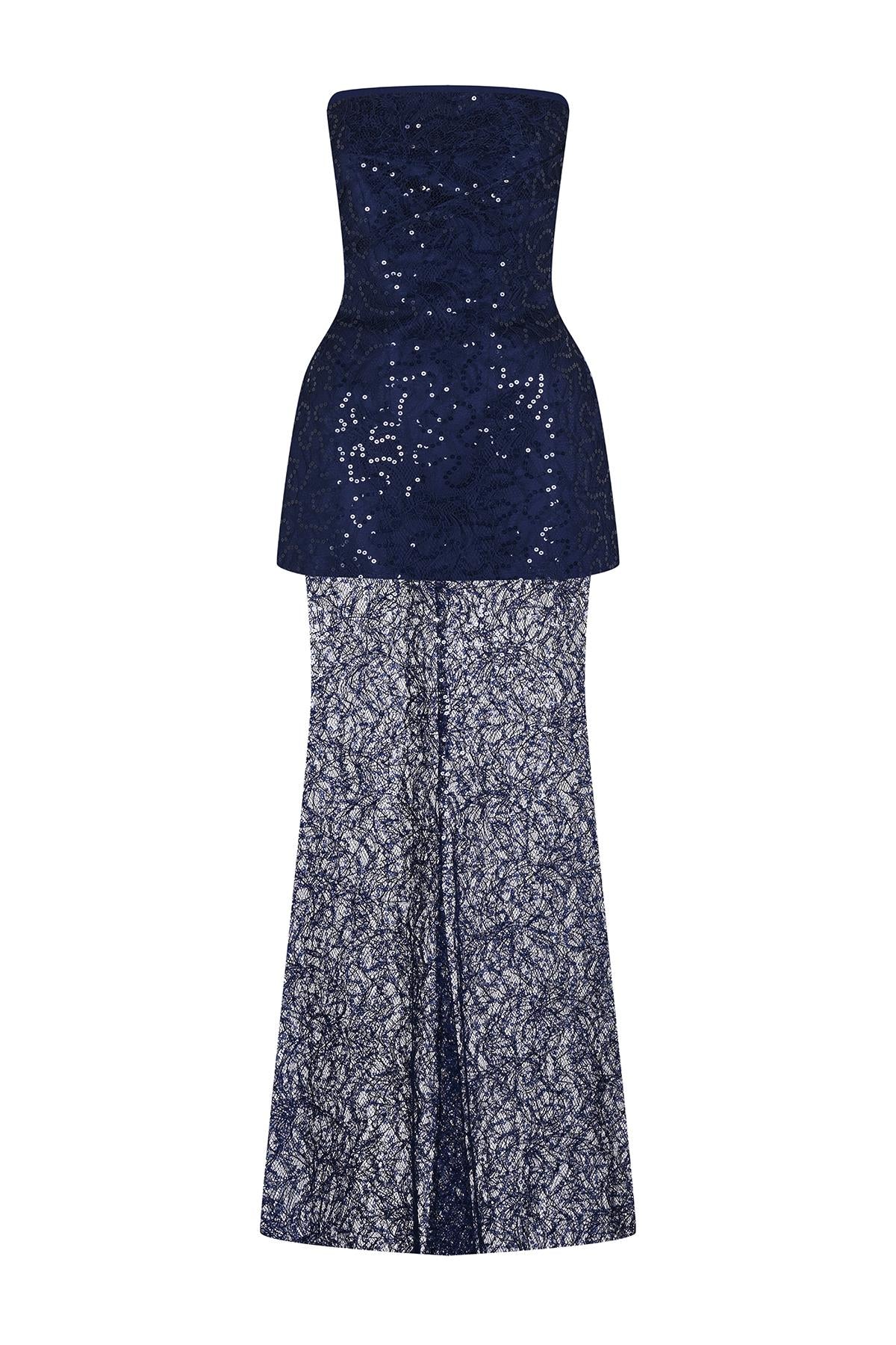 فستان سهرة بدون حمالات مزين بالأحجار والترتر