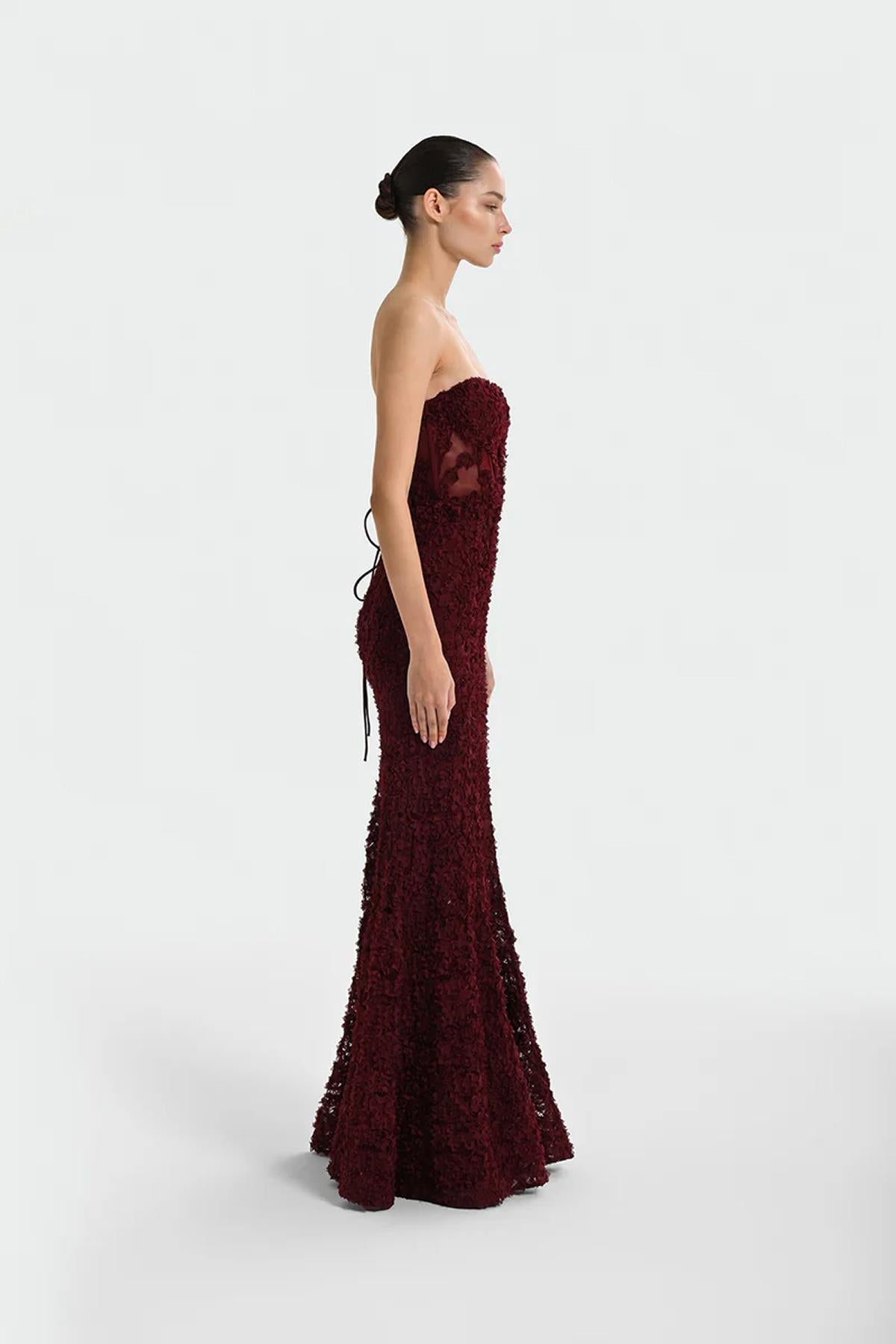 Straplez Üç Boyut Çiçekli Abiye Elbise